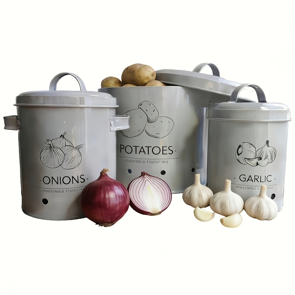 TEMU 3pcs Stainless Vegetable Storage Set - Heavy-duty Rustproof Pantry Canisters With Ventilated Lids & Individual Containers For Potatoes, Onions,