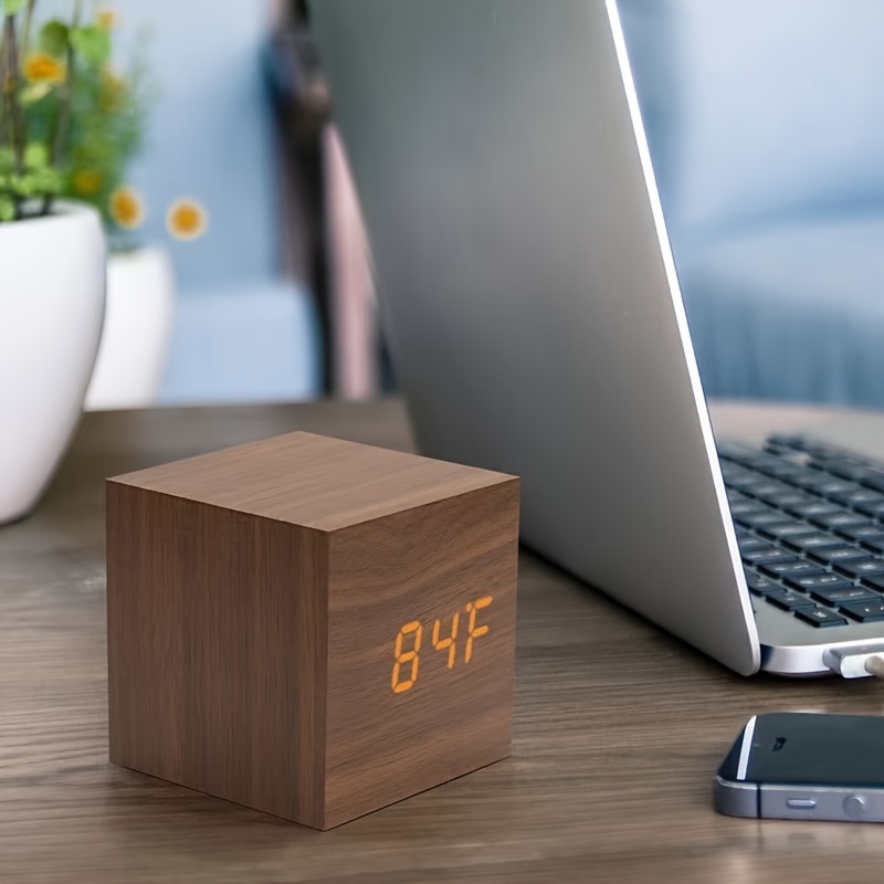 Mini Cube Wooden Alarm Clock with LED Display - Voice Controlled, Auto Dimmable with 3 Brightness Levels, Displays Time/Date/Temperature, Ideal for Home, Office, Travel, Rectangle Shape, USB Powered
