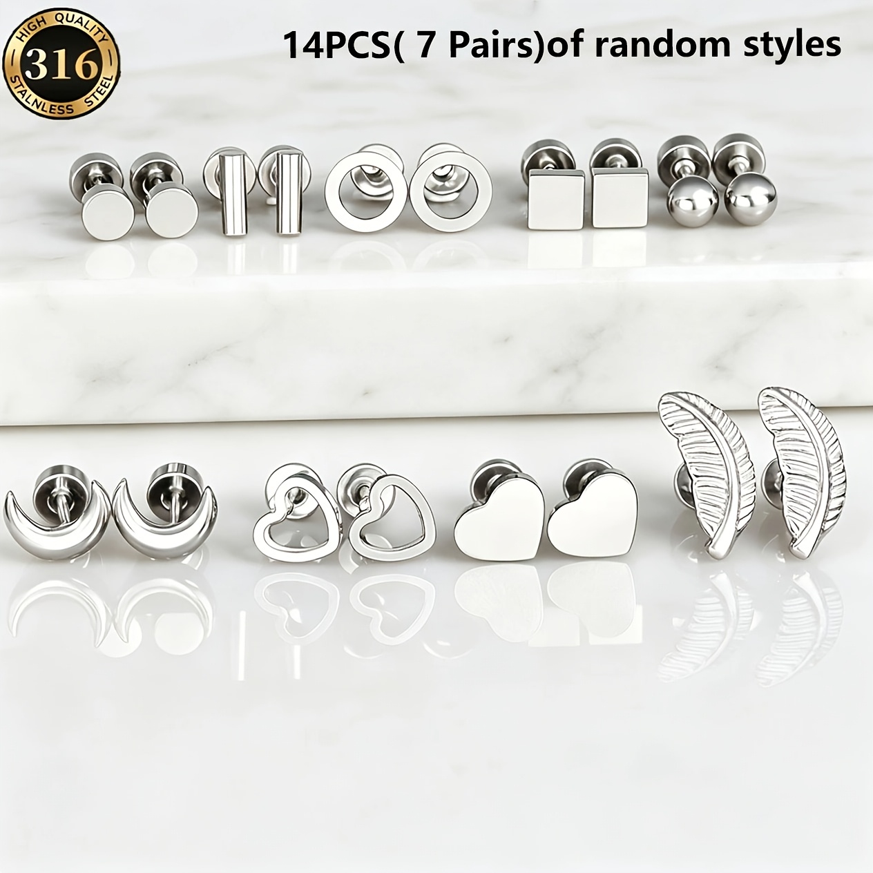 TEMU Verano 14 piezas (7 )/Set Estilo Aleatorio 316 316 316 316 Acero Inoxidable Cuadrado Pluma Pendientes de Botón, Dormir Sin Perforación Dorso