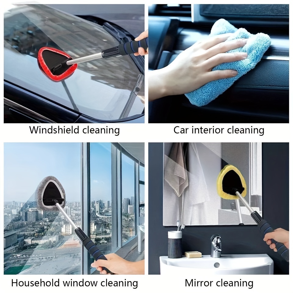 

Multi-angle Rotatable Auto Glass Cleaner Tool With Reusable Microfiber Pads, Aluminum Extendable Handle, No-streak Cleaning For Vehicle Windows