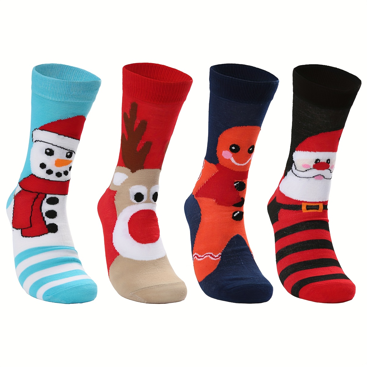 4 Pairs/set Women's Autumn/winter Christmas Cartoon Pattern Mid-calf Socks With Gingerbread For Man, Snowman, Santa Claus, And Reindeer Designs For Christmas Use
