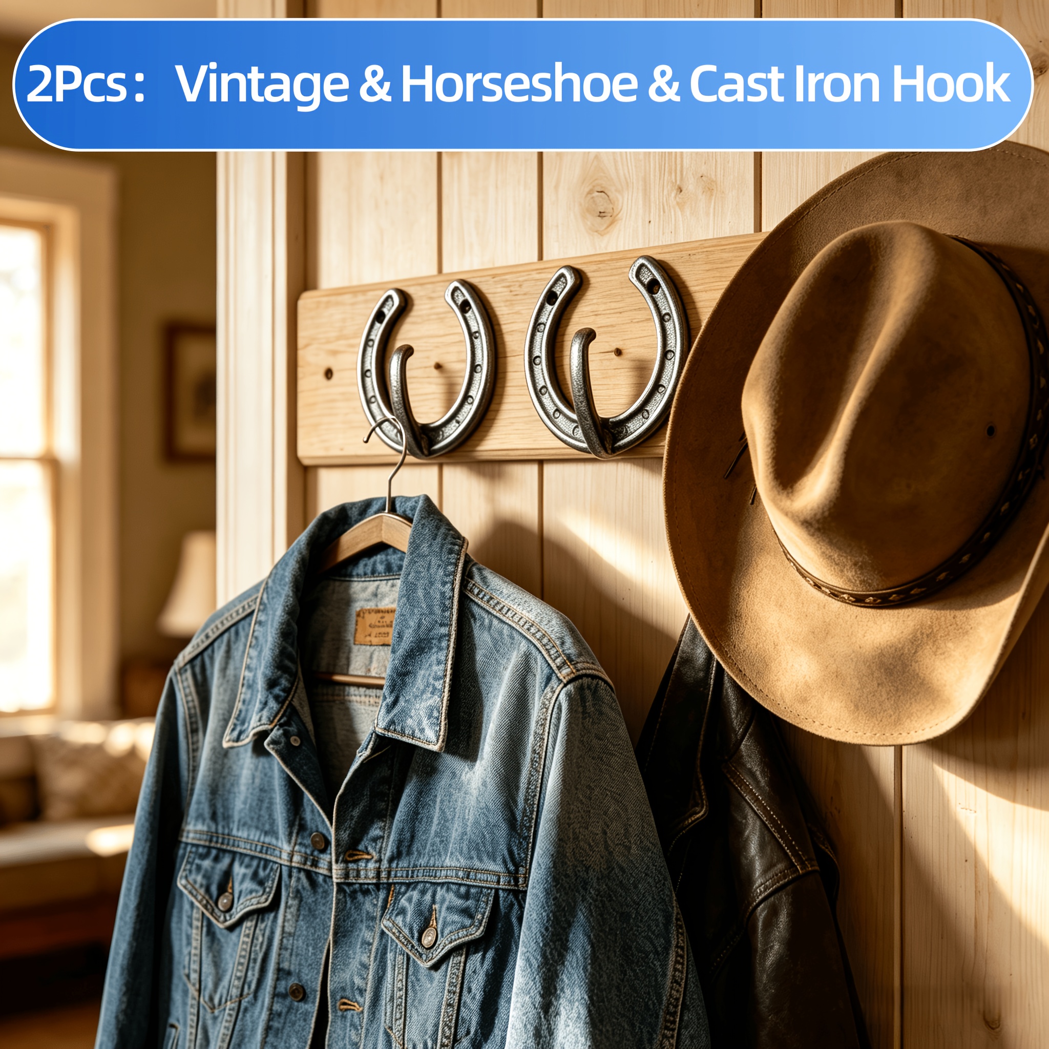 2pcs Heavy Duty Cast Iron Horseshoe Wall Hooks, Rustic Vintage Horseshoe Hooks For Hanging Towels, Coats, Hats, Farmhouse Decorative Hooks For Bathroom, Entryway, Kitchen