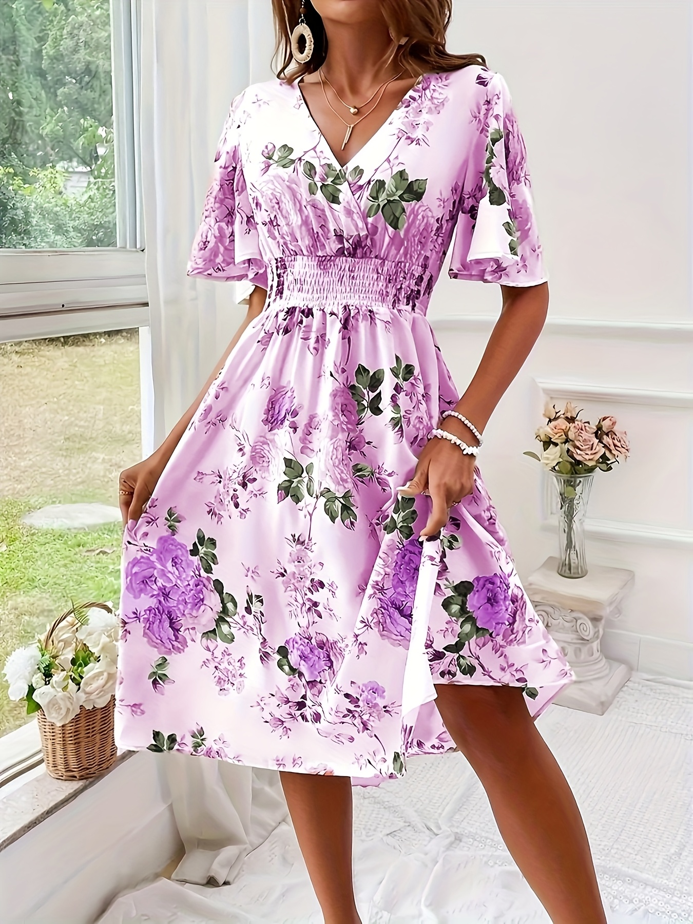Plus Size Elegant Floral Dress with Ruched Waist V-Neck, Short Sleeves,  Light Yellow with Pink Green Floral Print Summer, Casual to S