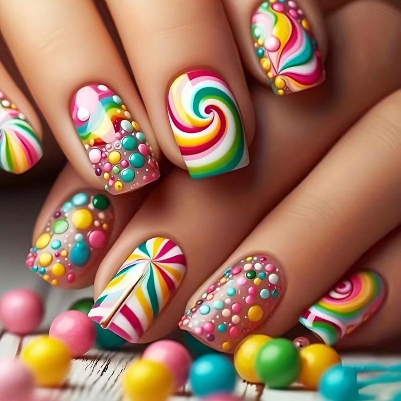 TEMU 48pcs (2 Boxes) Rainbow-colored Elegant Dot Lollipop Candy Press-on Nails Removable False Nails Press-on False Nails (including Nail File And