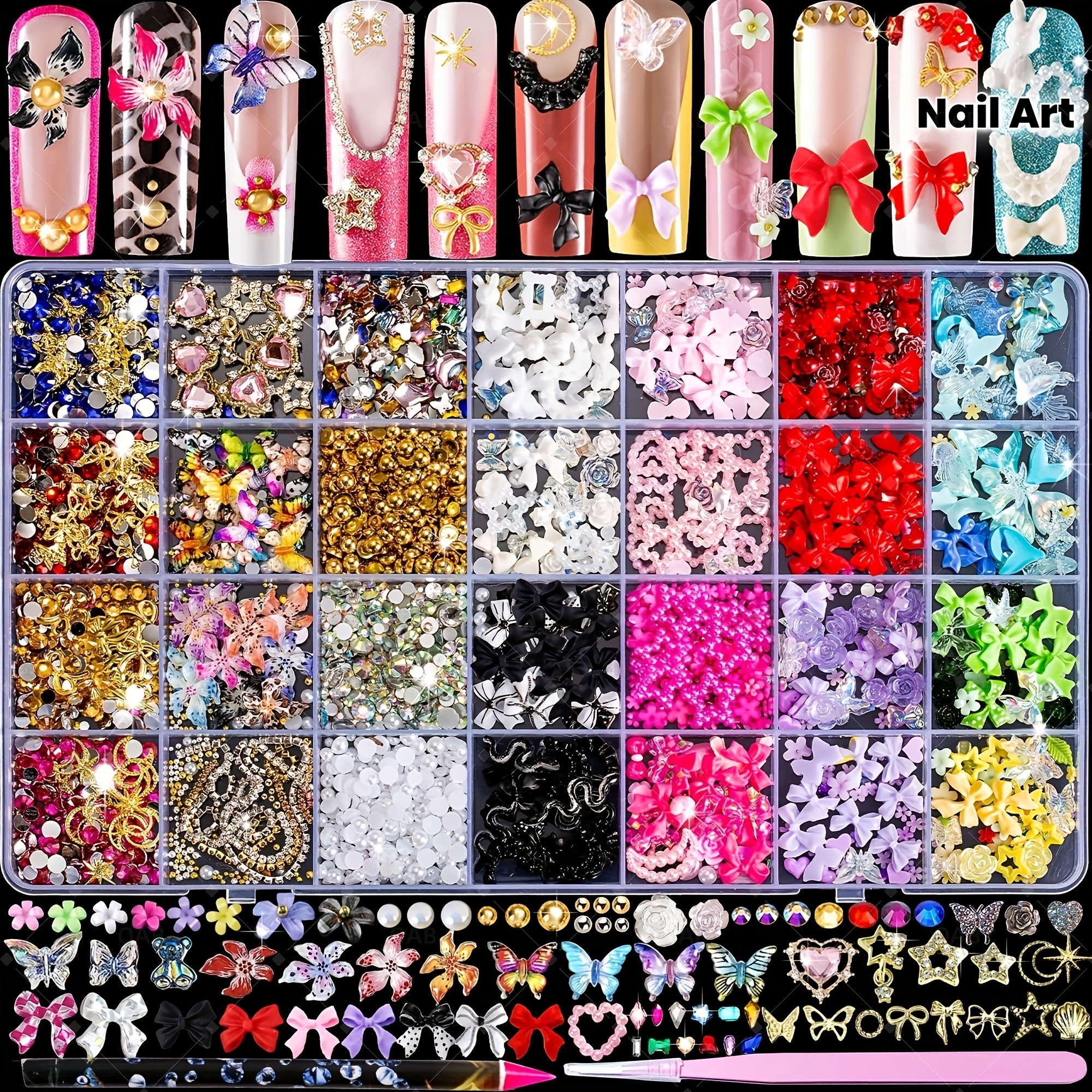 TEMU 3d Nail Accessories And Nail Gemstones Cute Y2k Nail Design, Bow, Moon, Star, Flower, Trash Can Accessories, Gemstones, With Pick Up Pen And Tweezers, Used For Nail Art Decoration