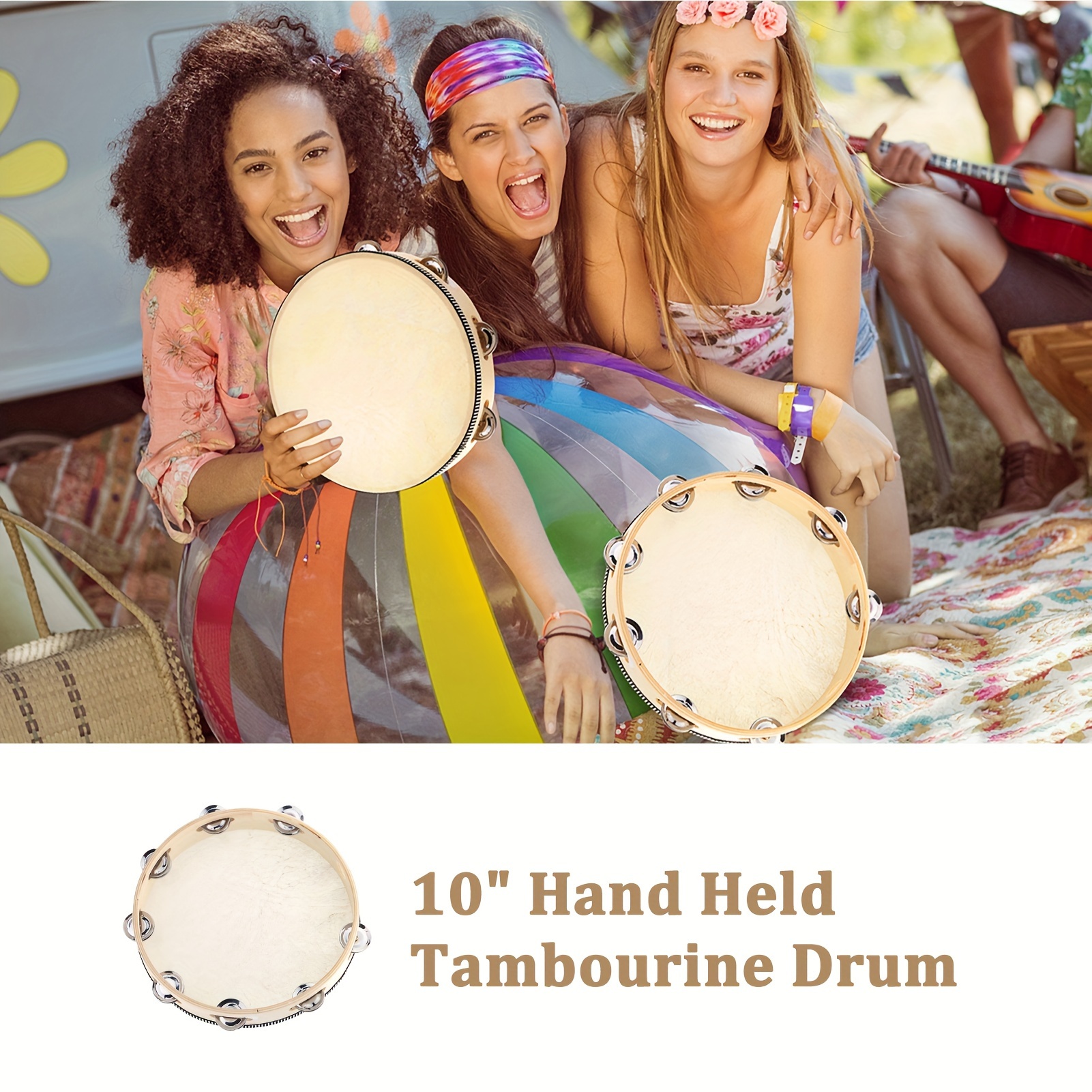 

10 Inch Wooden Hand Held Drum Bell Tambourine With Birch Metal Jingles Single Row Percussion Musical Instruments Hand Tambourine For Church, Ktv, Party, Game Eid Al-adha Mubarak