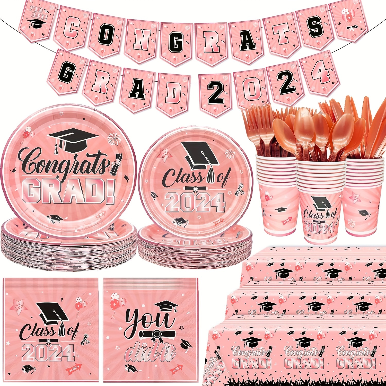 

186pcs Rose Gold 2024 Graduation Decorations Graduation Plates And Napkins 2024 Graduation Party Supplies 2024 Graduation Party Decorations Graduation Decorations Class Of 2024