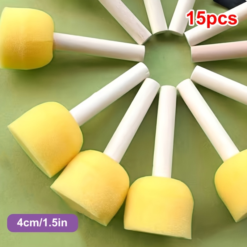 TEMU 15pcs Yellow Drawing Sponges - Painting And Doodling Tools With Round Wooden Handle Sponge Stamps, Available In Various Sizes, Suitable For