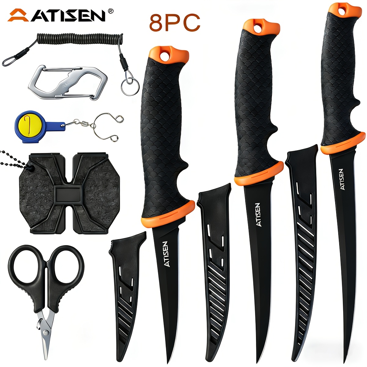 TEMU Atisen 8pcs Fishing Knife Set, Coating + Soft Handle, Black Boning Knife, Fishing Tool Set For Indoor Or Outdoor Meat And Poultry Cutting, Fishing Line Cutter, Anti-drop Rope, , Knife Sharpener