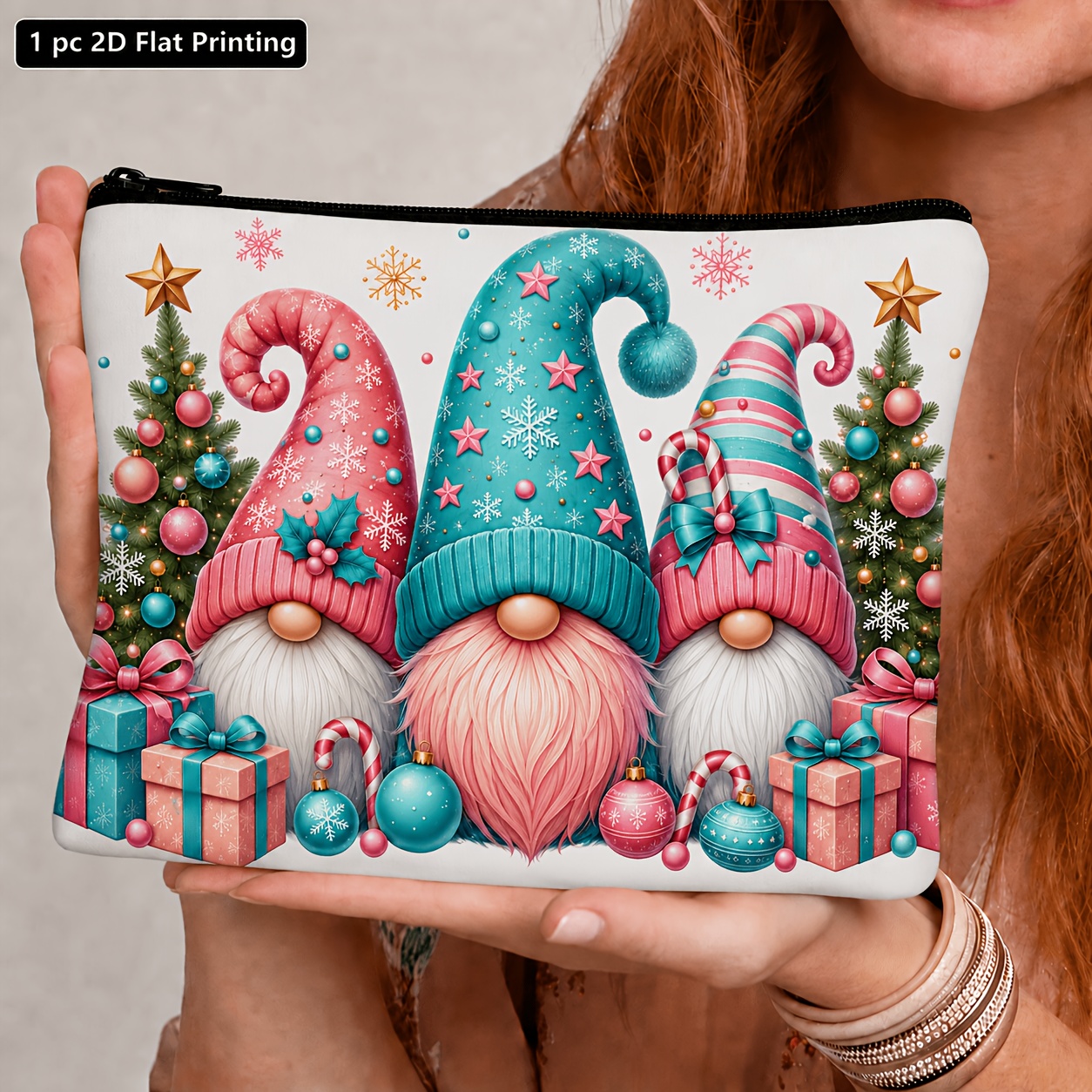 TEMU 2d Flat Printed Makeup Pouch, Pink Teal Christmas Gnomes Surrounded By Pine Trees, Stacked Wrapped Presents And Candy Cane Accents, Glittering