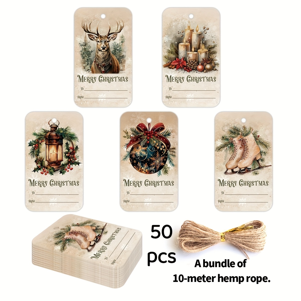 Image of 50pcs Vintage Christmas Gift Tags With 10m Hemp Rope - Festive Designs Of Lantern, Bauble, Ice Skates, Deer, Candles, Ideal For Christmas Gifts, Holiday Decor, Craft Projects, Gift Labeling