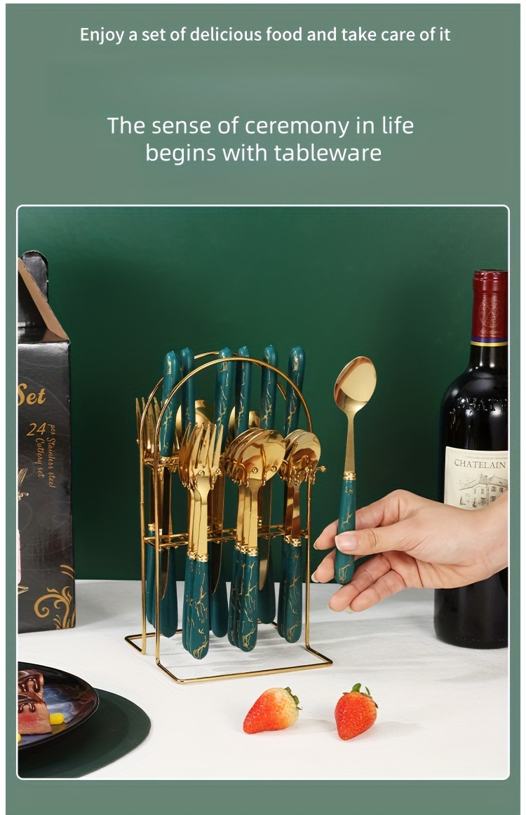 24pcs Cutlery Set, Elegant Marble Pattern Multi-Functional Tableware, Suitable for Restaurants and Desserts, Includes Dinner Forks, Soup Spoons, and Teaspoons - Ideal for Home and Hotel Kitchen Dining, Fanyishu Outdoor Tableware