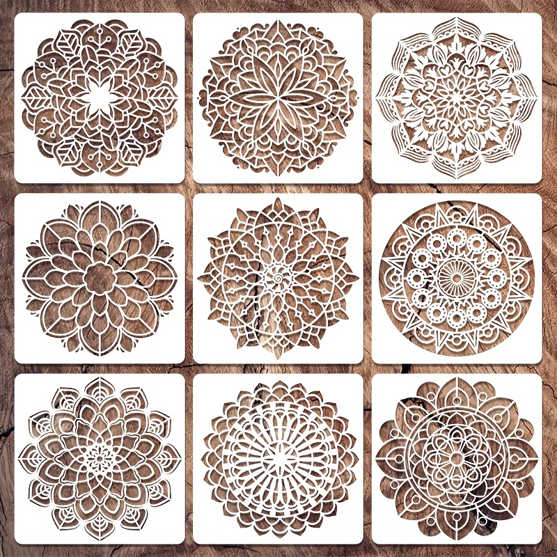9pcs Reusable Hollow Mandala Painting Templates, 3.98 * 3.98 Inches, Suitable For Diy Wooden Wall Decoration, Furniture, Fabric Templates, Handicrafts, Home Decoration, Art Supplies