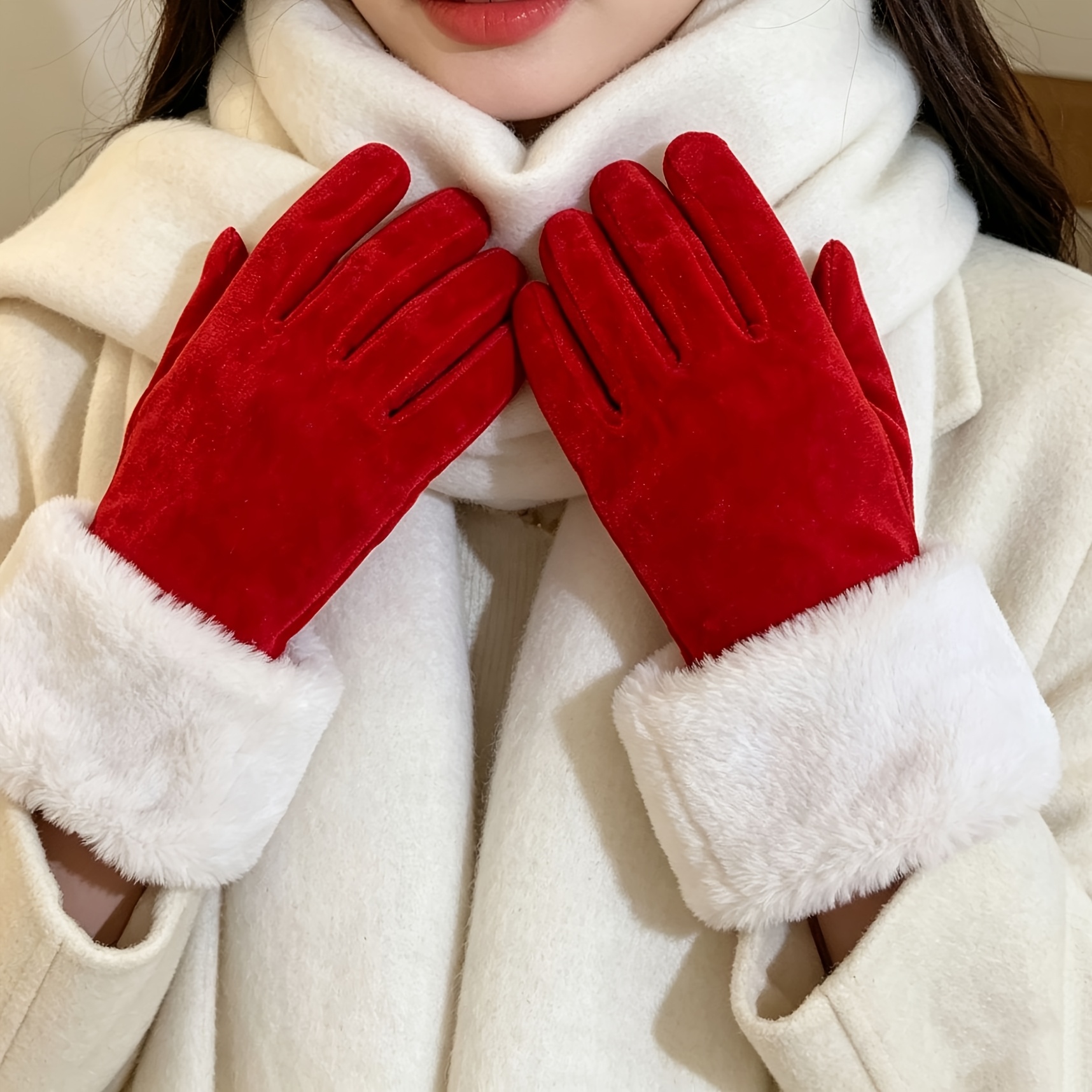 TEMU Women's Christmas Decorative Gloves, Red Velvet Long Gloves With White Plush Cuff Design, Santa Claus Costume Additions, Holiday Party Ball