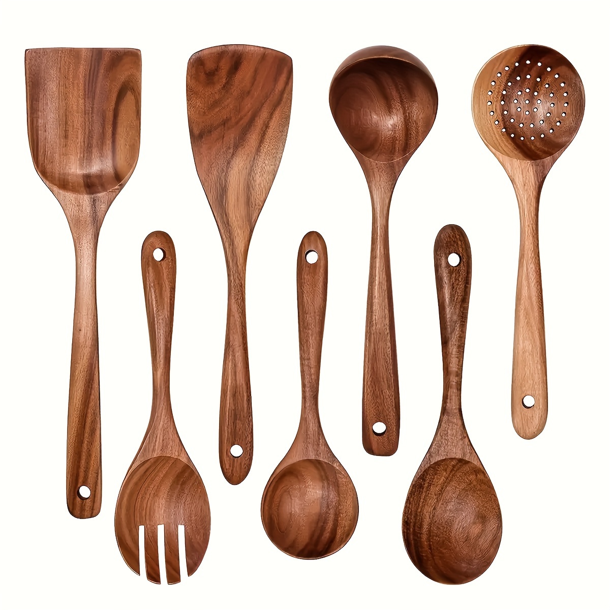 TEMU 7pcs Unpainted Acacia Teak Wood Long-handled Soup Ladle Wooden Slotted Spoon Pan Special Spatula Spoon Set