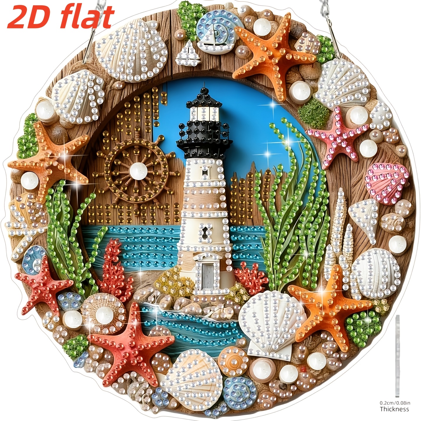 Image of 2d Flat Lighthouse Hanging Kit For Adults, Seashell Starfish Wreath Diamond Painting Hanging Decoration, Special Shape Rhinestone Window Pendant Kit For Home Garden Wall Decor Gift