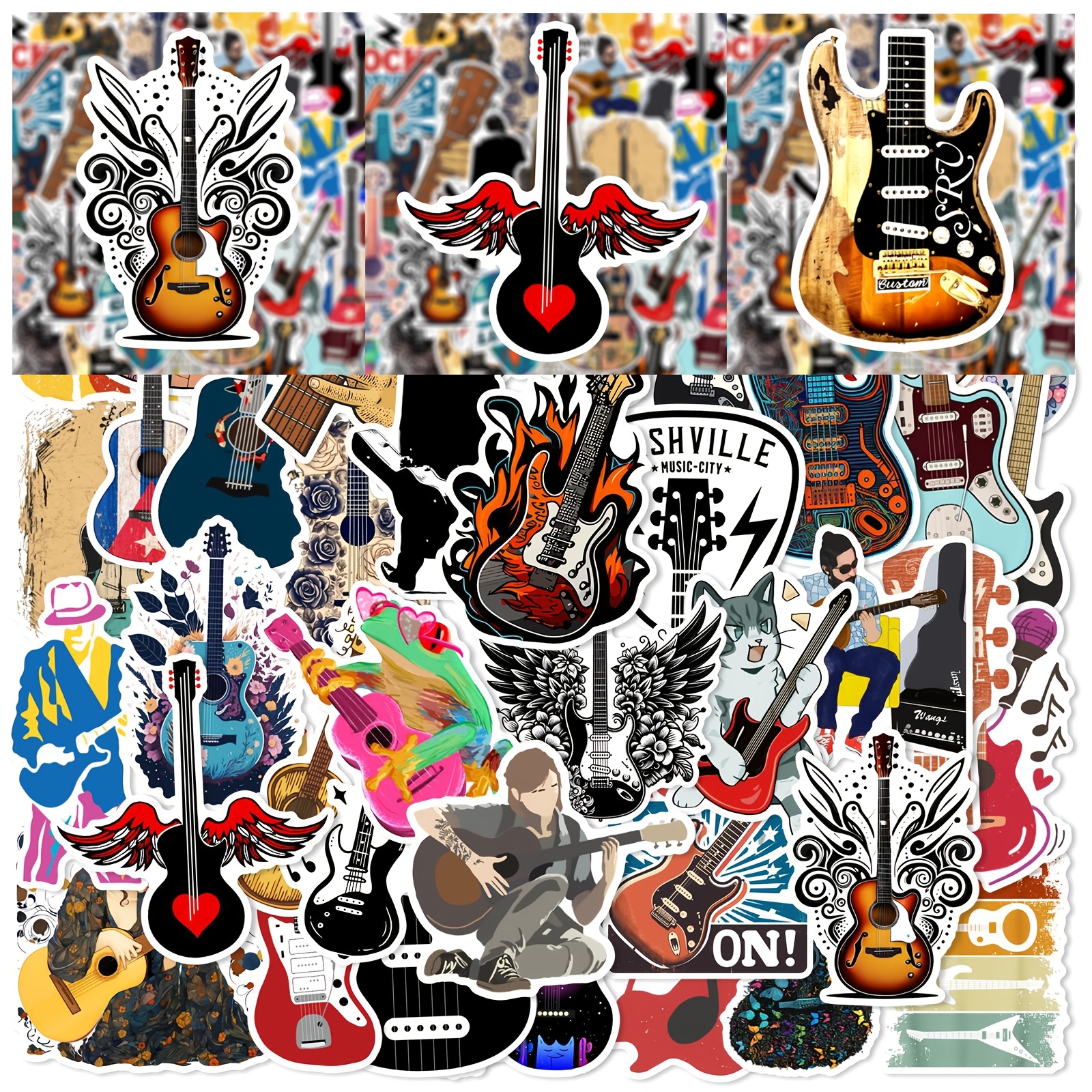 

50-pack Guitar-inspired Stickers, Pvc Music Instrument Graffiti Decals For Diy Phone Cases, Laptops, Luggage, Skateboards, Scrapbooking, Thin Guitarist Journaling Decor Stickers