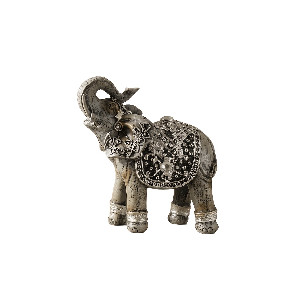 TEMU 1pc Retro Silvery Elephant Statue, Resin Elephant Sculpture With Relief Pattern, Home Decor And Ornament For Living Room, Office Desk Shelf,