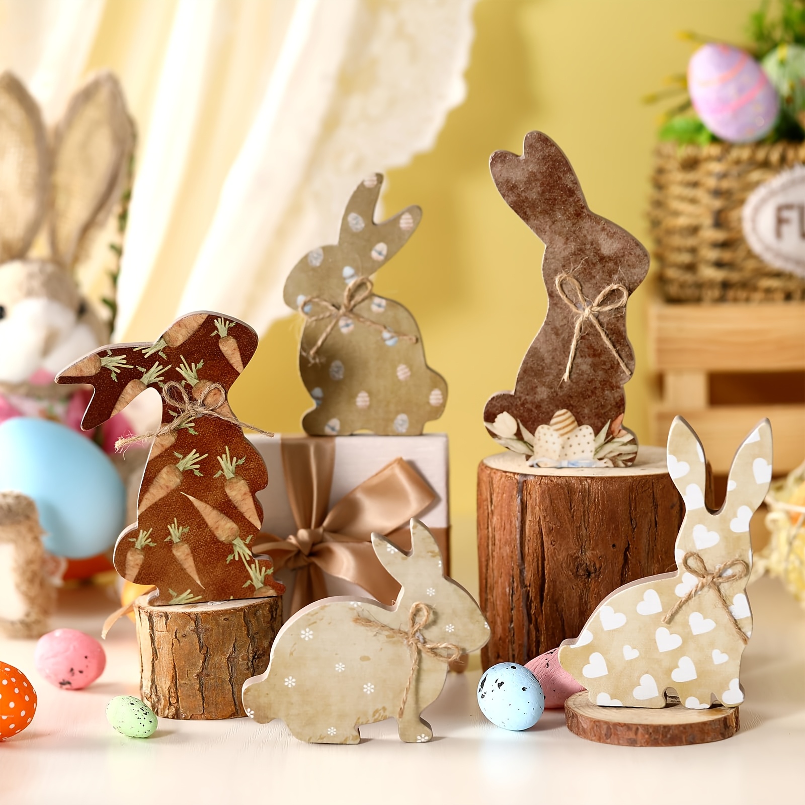 TEMU 5pcs Rustic Wooden Easter Bunny Tiered Tray Decoration - Easter Eggs And Carrots Party Table Centerpiece Blocks - Home Decor For Dining Table,
