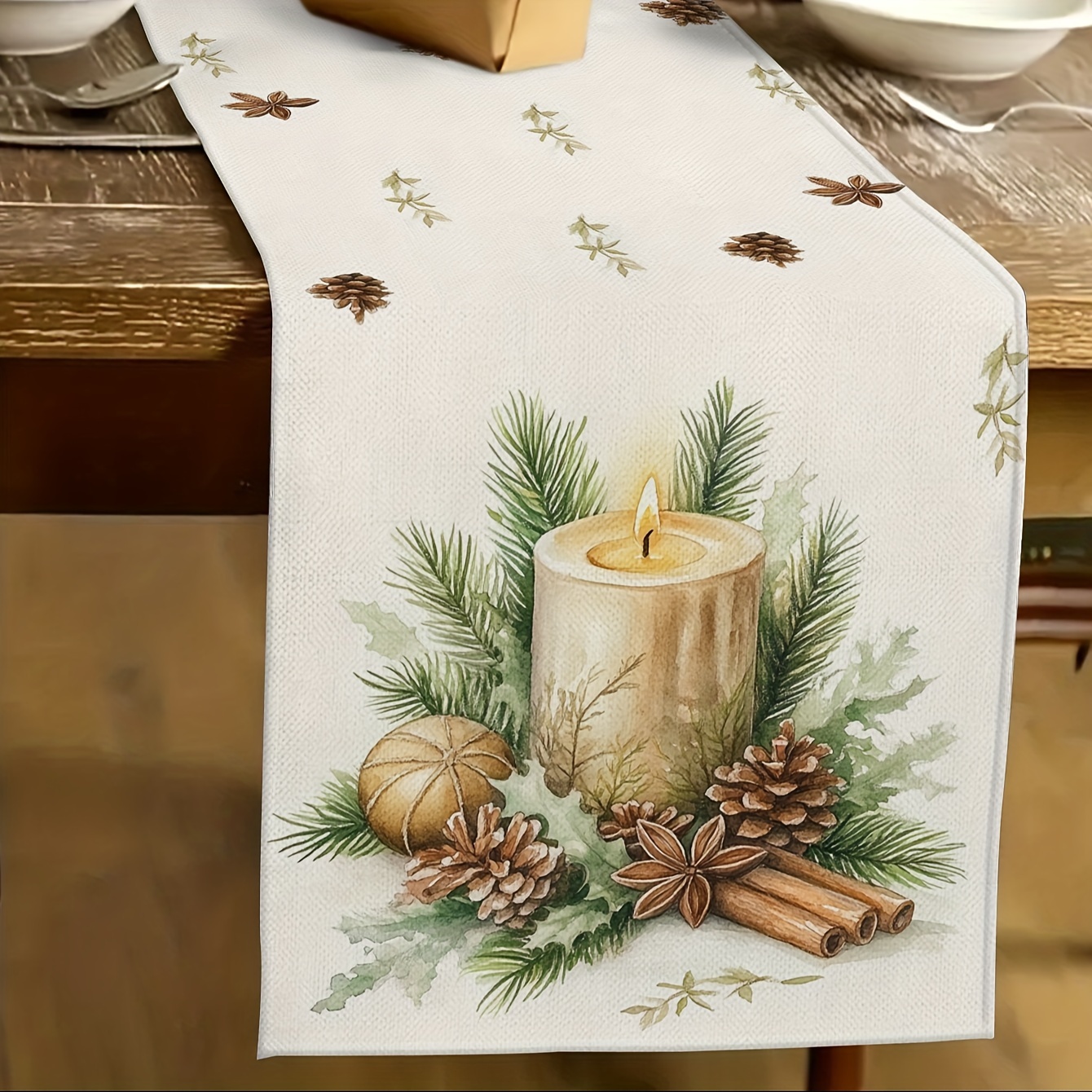 

1pc Linen Christmas Table Runner - Rectangular Decoration With Candle And Pine Motif, 100% Linen Knit Fabric, Home & Party Decor For Indoor/outdoor Use