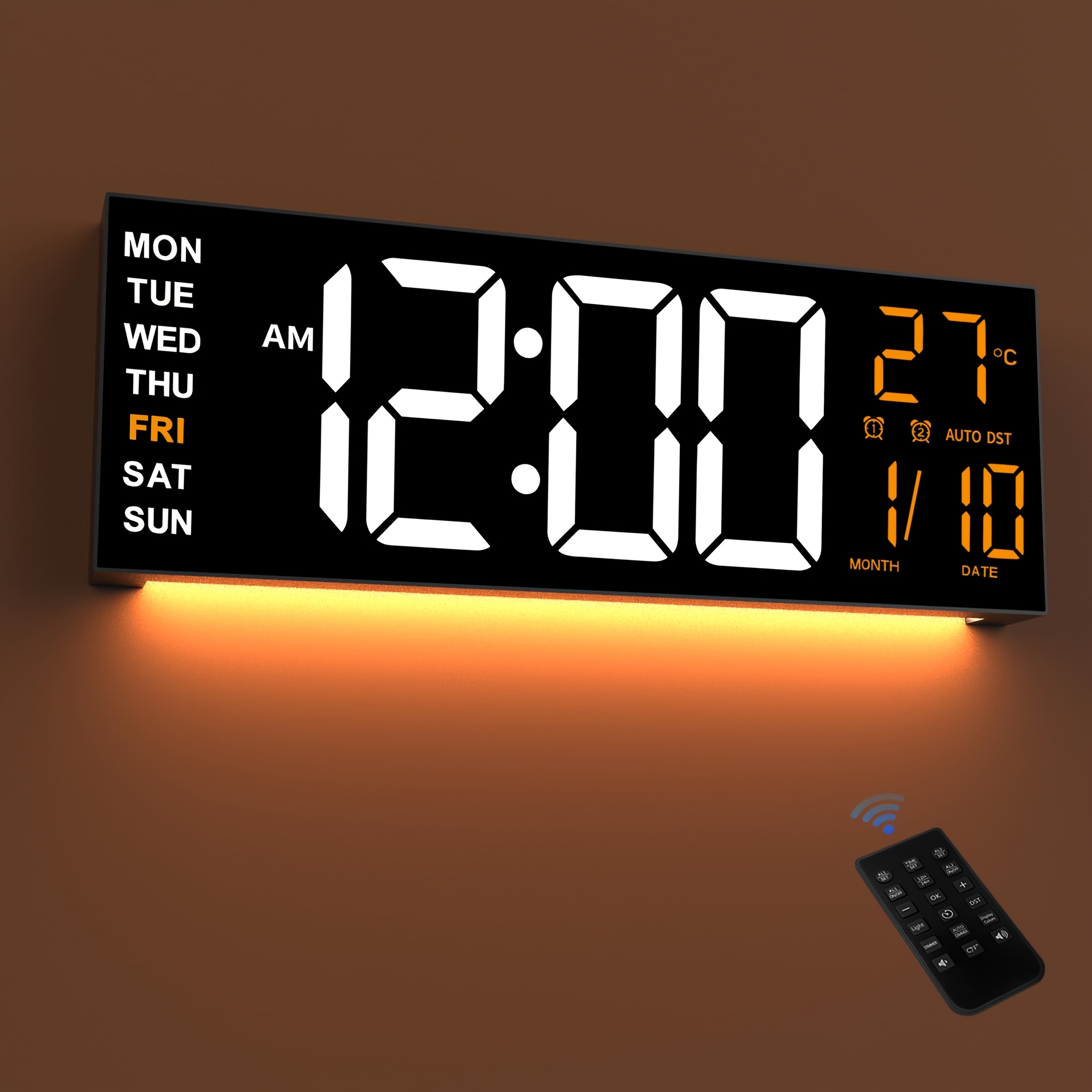 Image of 16.5 Inch Large Led Wall Clock With Night Light, Auto Dimmer, 2 Alarms, 8 Rgb Colors, Temperature Display, Remote Control, 12/24 Hour Countdown Timer, For Living Room, Bedroom, Desk, Gift For Seniors