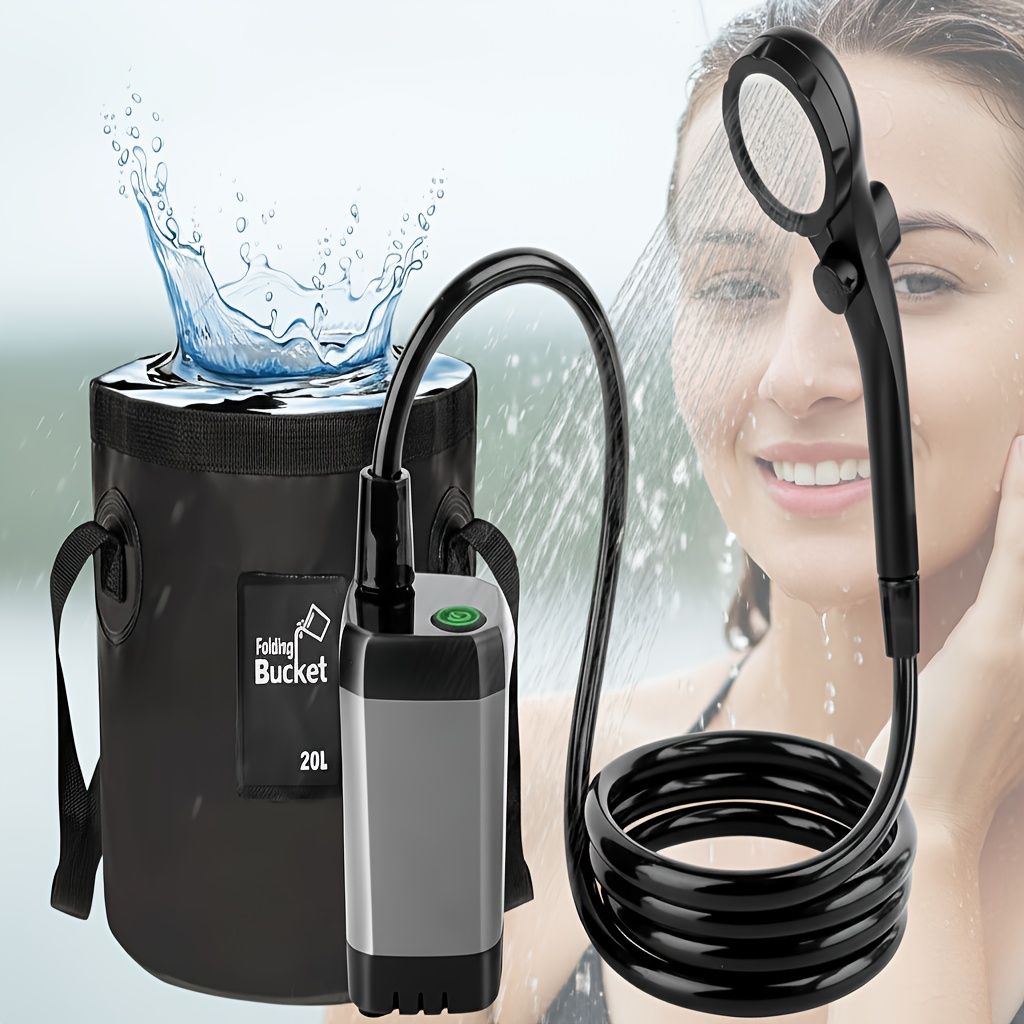 Image of Portable Camping Shower, 6000mah Rechargeable Shower Pump, Filtered Shower Head & 5 Gallons Foldable Bucket, Outdoor Shower For Hiking Beach, Travel, Pet Bath, Car Washing, Surf & Boat Cleaning