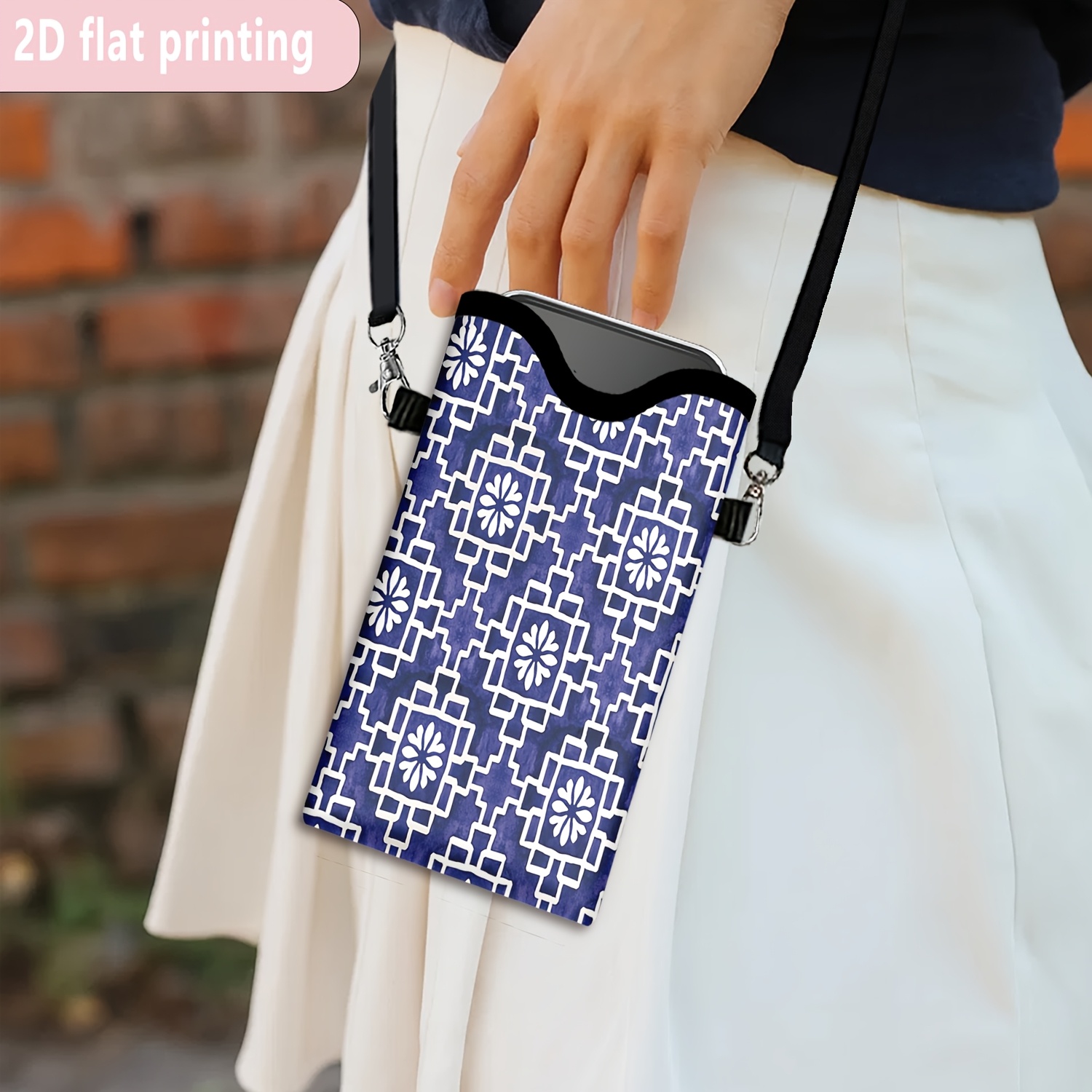 TEMU 1pc, Blue And White Geometric Pattern Phone Pouch With Adjustable Lanyard, Compatible With Iphone And , Small Reusable Bag, 2d Flat Print Wallet