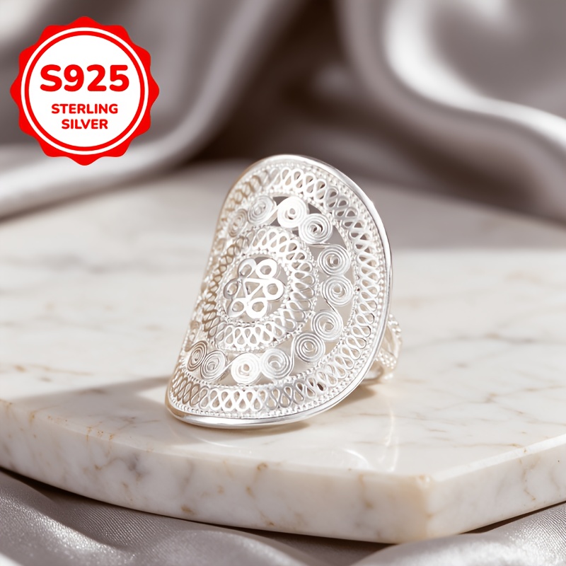 Women's 925 Sterling Silver Hollow Lace Flower Adjustable Ring