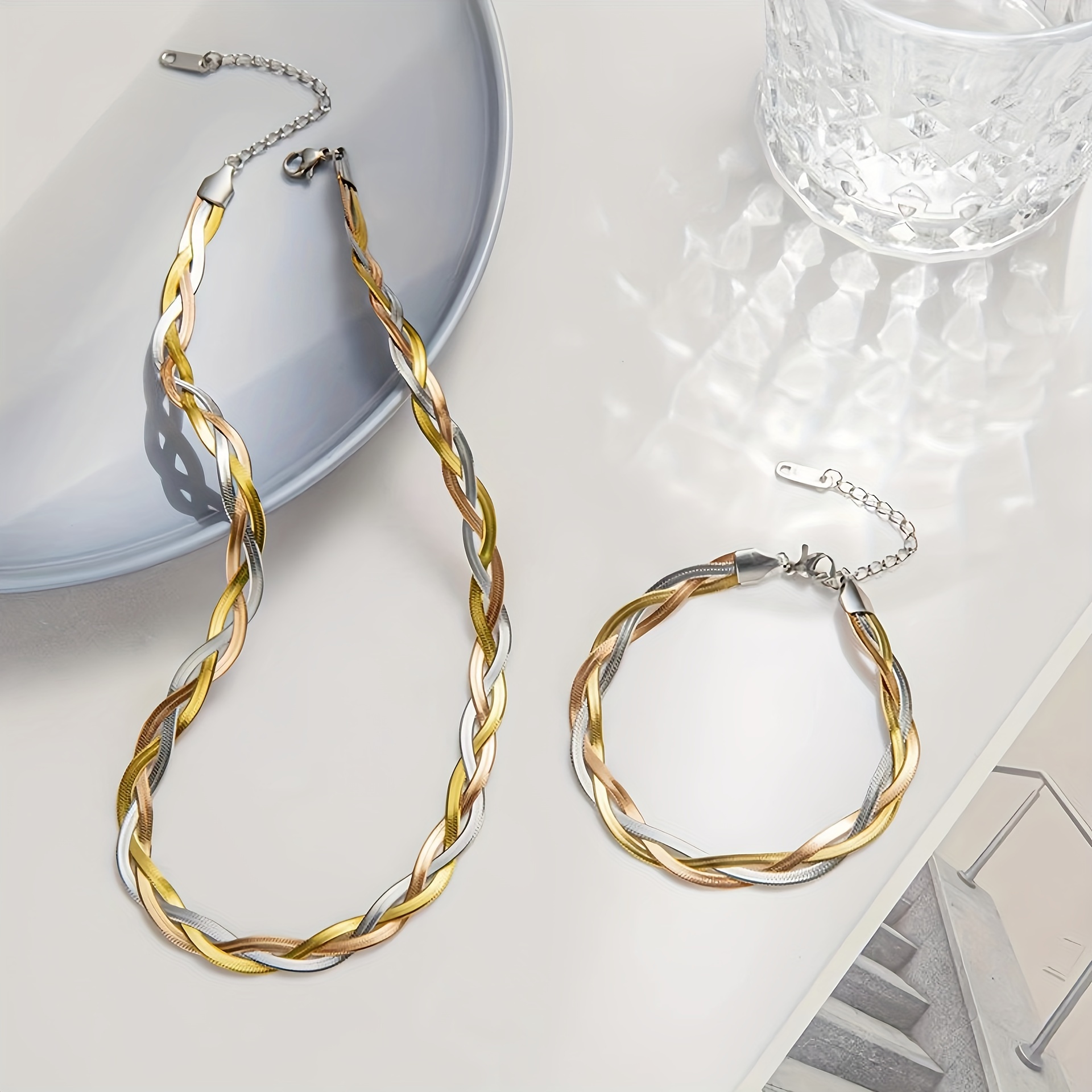 TEMU 2pcs/hip-hop Fashion Three--color Stainless Steel Twisted Blade Necklace, Bracelet Set