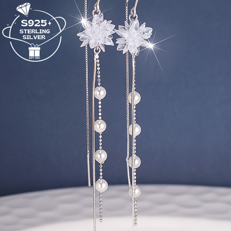 925 Silver Long Ice Flower Freshwater Earrings