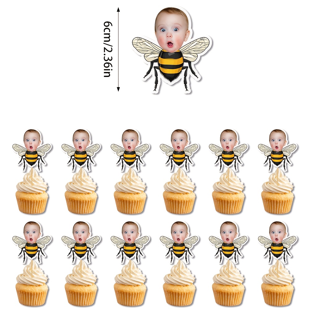 Image of Set Of 12 Personalized Cupcake Toppers Featuring Custom Photo Faces With A Honeybee Design, Ideal For Decorating Cakes At Honeybee-themed Showers Or Birthday Parties