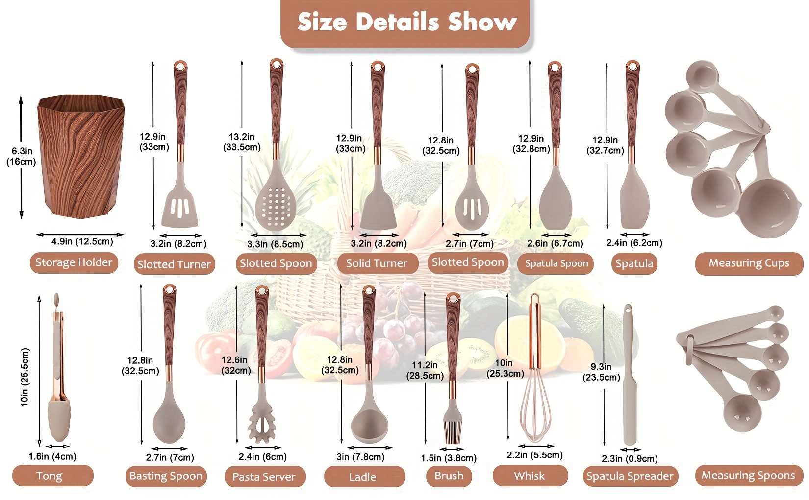24pcs silicone cooking utensils set kitchen utensils set with storage box wood pattern handle silicone utensils for cooking with food safety turner pasta server skimmer ladle spoon tong whisk details 1