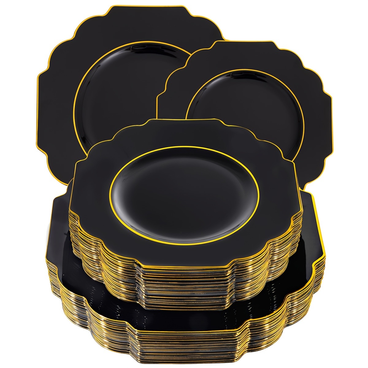 

60pcs Plates, Black Plastic Plates, Black And Golden Plates Baroque, Golden Plates Plastic, Include 30 Plastic Dinner Plates, 30 Appetizer Plates, For Party, Birthday, Wedding, Home Supplies