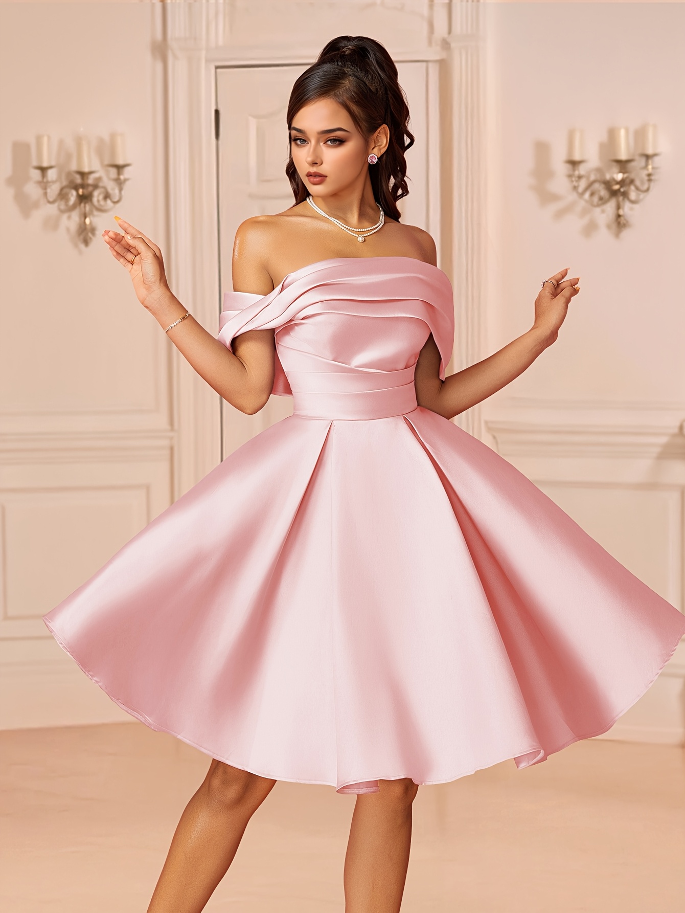 elegant shoulder pleated mini dress women solid color knee - Temu Colombia