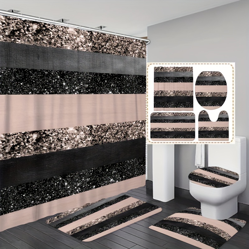 

Luxurious Striped Pink, Gray, And Bathroom Set: Includes 12 Free Hooks, 70"x18" Curtain, 29"x47" Mat, 17"x44" Cushion, And 13"x35" Oval Mat - Perfect For A Glamorous Update!