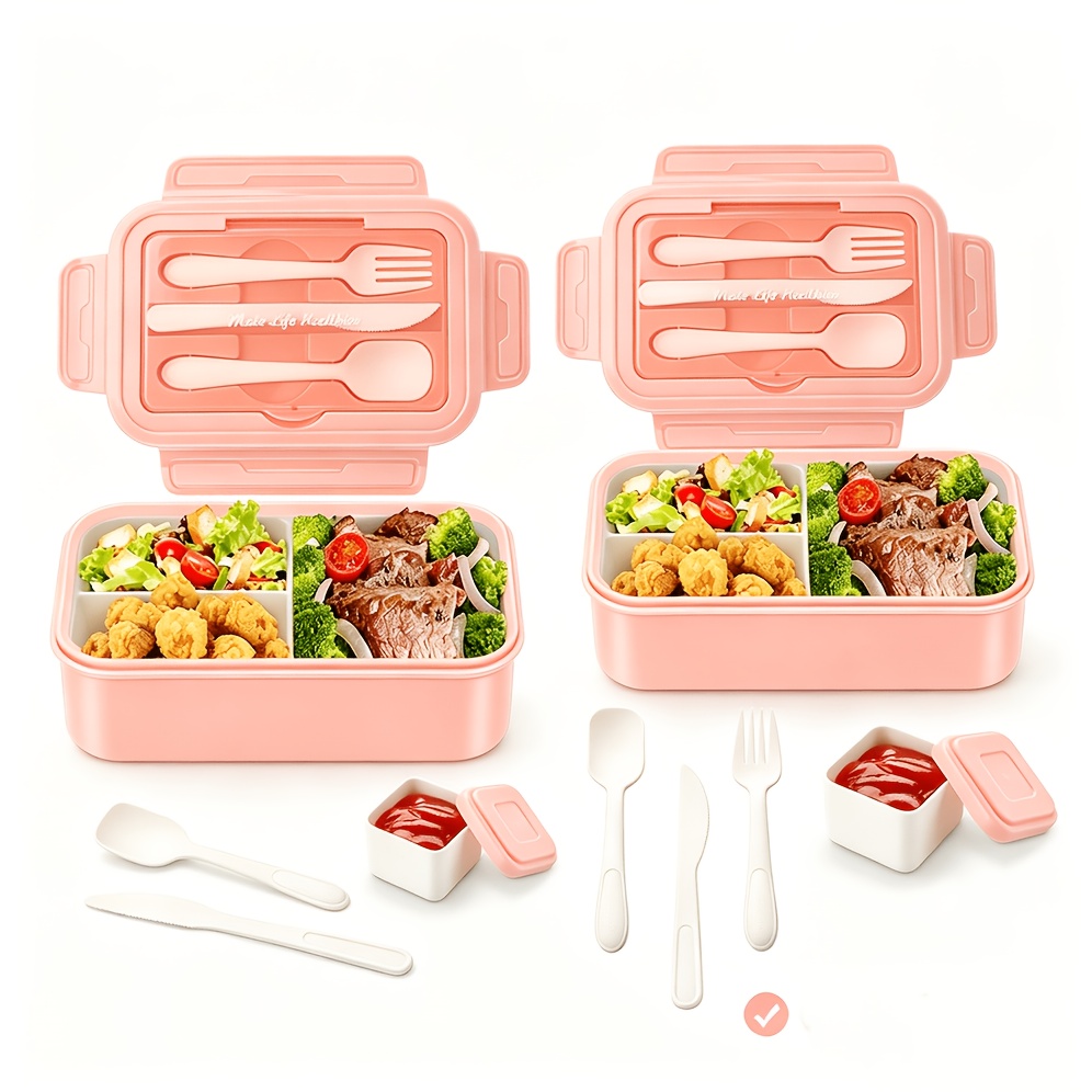 Image of 2 Sets Adult Bento Boxes 1400ml, 3 Compartments With Cutlery, Microwave And Dishwasher Safe, Suitable For Work, Picnics, Travel (pink, 1400ml)