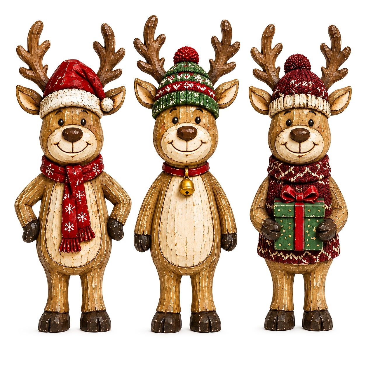 TEMU Ensemble de 3 pièces d'ornements de bureau de Noël en bois de neige ou , bibelots de Noël en bois vieilli vintage, décorations de bureau de Noël