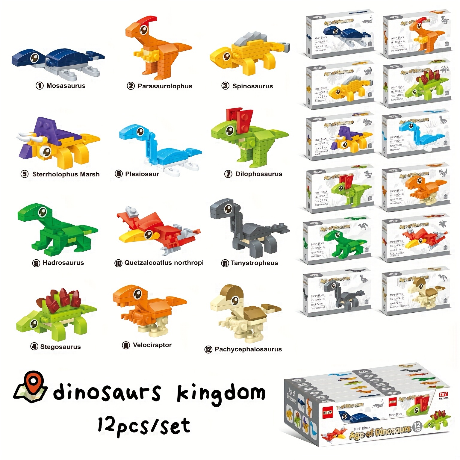 

12-piece Dinosaur Building Block Set For Kids, Diy Creative Mini Dinosaur Toys, Educational Assemble Bricks, Party Favors Gifts, Abs Plastic, Animal Theme For Ages 6-8
