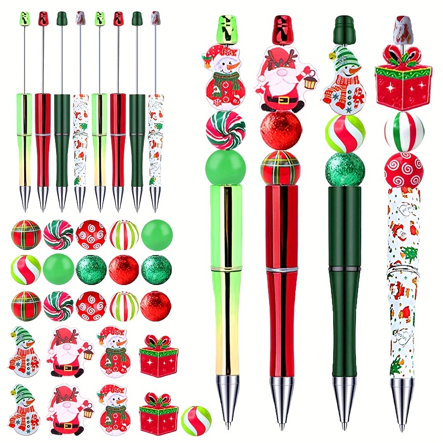 

32pcs/8sets Christmas Themed Wood Bead Ballpoint Pens 1mm Writing Pen Set With Santa, Snowman, Gift Box Charms - Office & School Writing Accessories For Holiday Gifting And Crafts