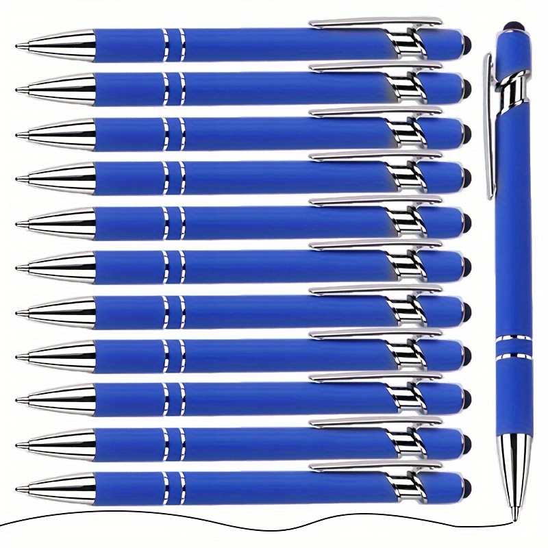 

12-piece Blue Metal Ballpoint Pens With Stylus - Retractable, Medium Point, Black Ink For Smooth Writing & Touchscreen Use - Ideal Office Gift Set
