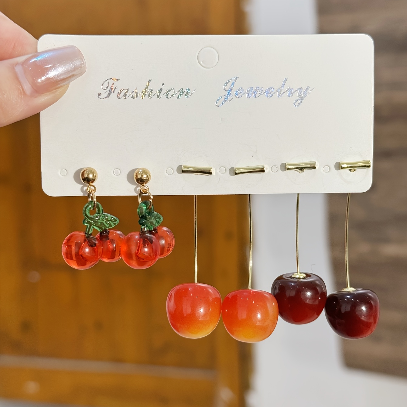 

3 Pairs Of Women' Dropping Earrings Cute Creative Resin Cherry Earrings Set Suitable For Daily Matching And Dating Wear