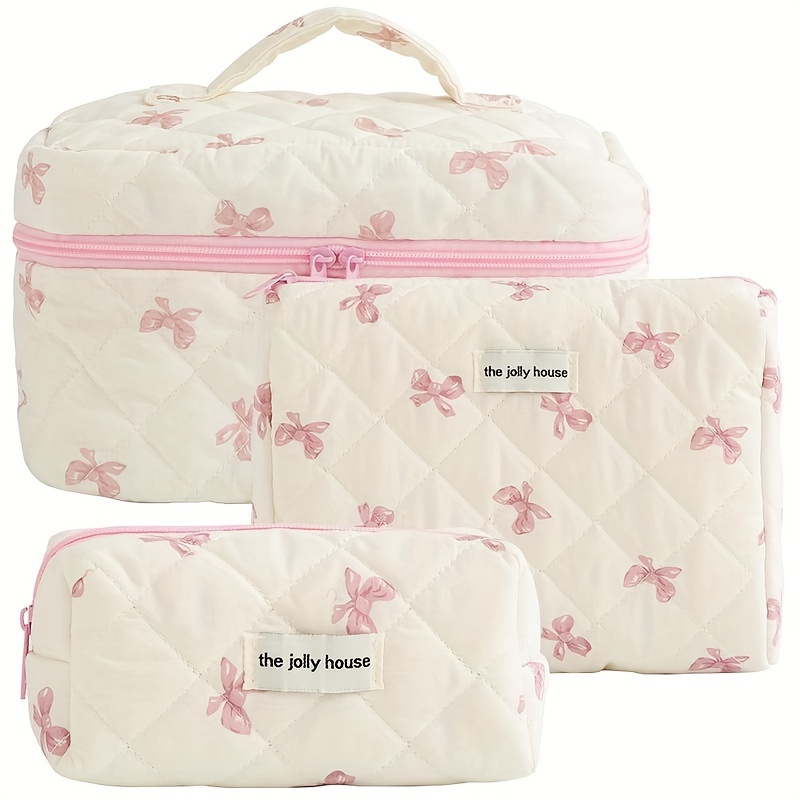 

Cotton Quilted (3 Pcs) Make Up Bag Large Travel Coquette Makeup Bag Aesthetic Cutefloral Bear Makeup Bag For Women Girls