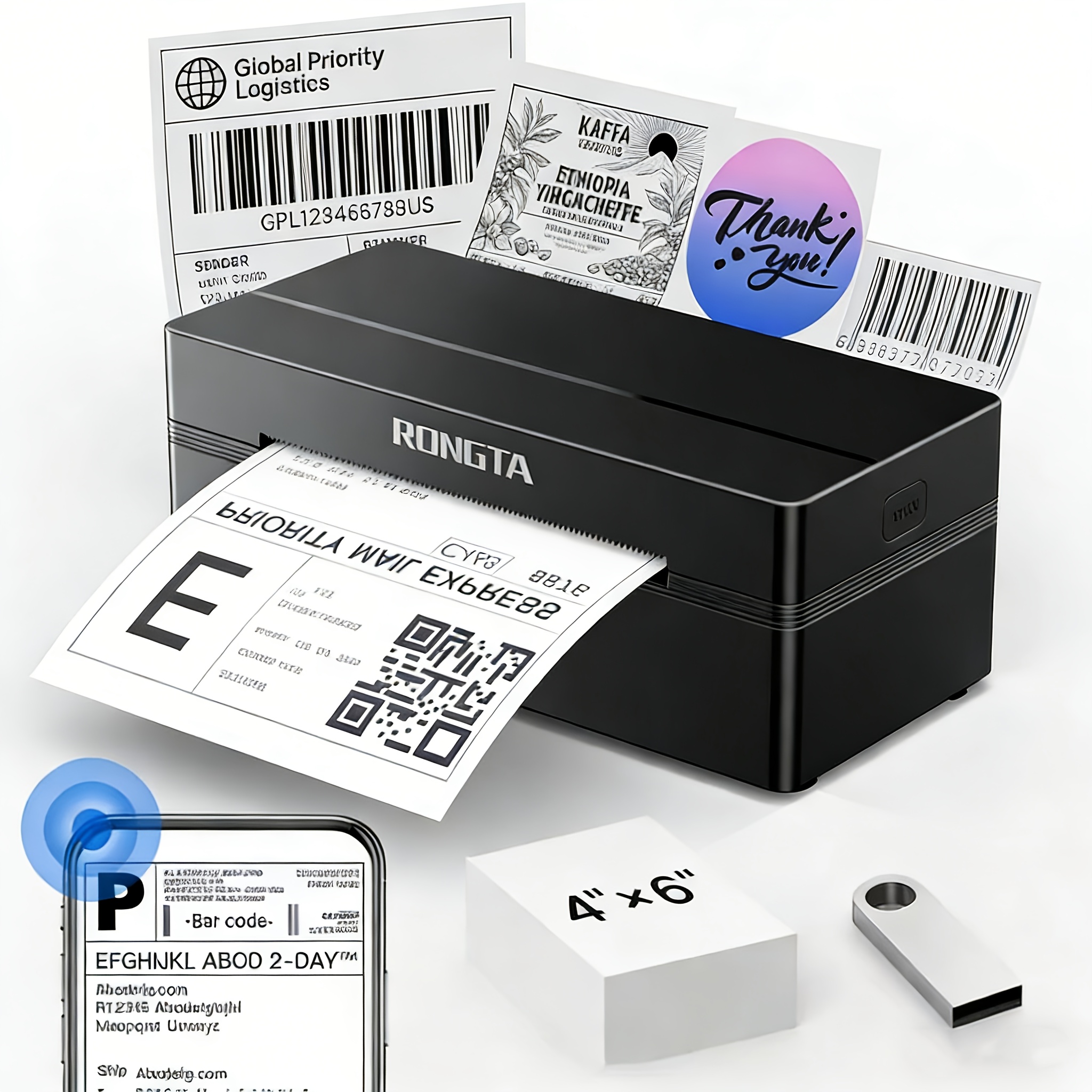 item picture   rp425 4x6 thermal shipping label printer wireless desktop printer for mailing packages compatible with iphone   windows   small business home office   black white pink   10pcs thermal paper