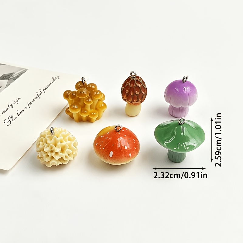 TEMU 6pcs Random Assorted Mushroom Resin Pendants, Suitable For Making, Accessories, Earrings, Necklaces, And Bag Making