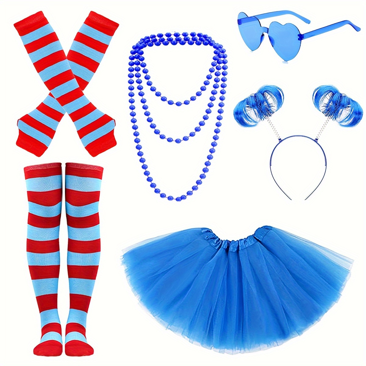 TEMU 1980s Party Accessory Set With Striped Arm Warmers, Thigh-, Blue Tutu Skirt, Necklace, Headband, And For Retro Themed Events And - Polyester Fiber Outfit Kit