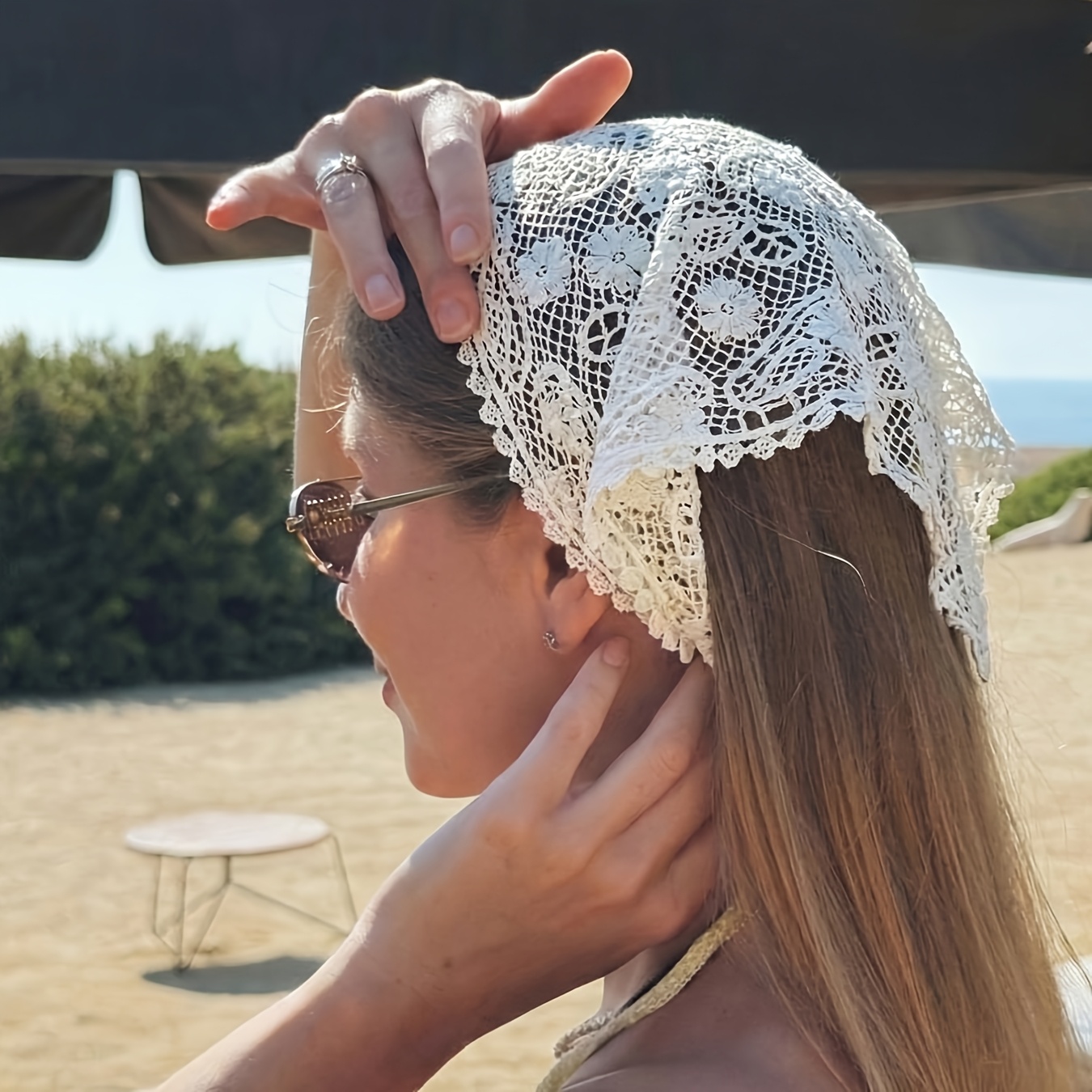 TEMU French Hollowed-out Floral Lace Scarf & Mesh Headband - Lightweight Breathable Suitable For Photography, Travel, Weddings, Themed Events -