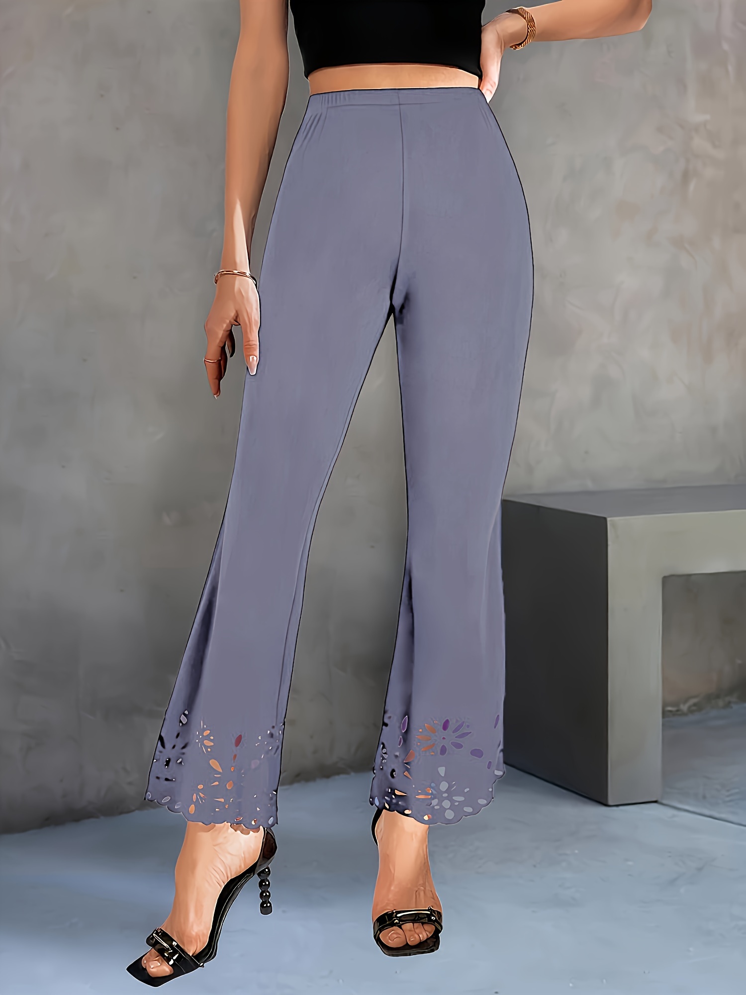 women's elegant flare pants floral embroidery stretchy Temu Ireland