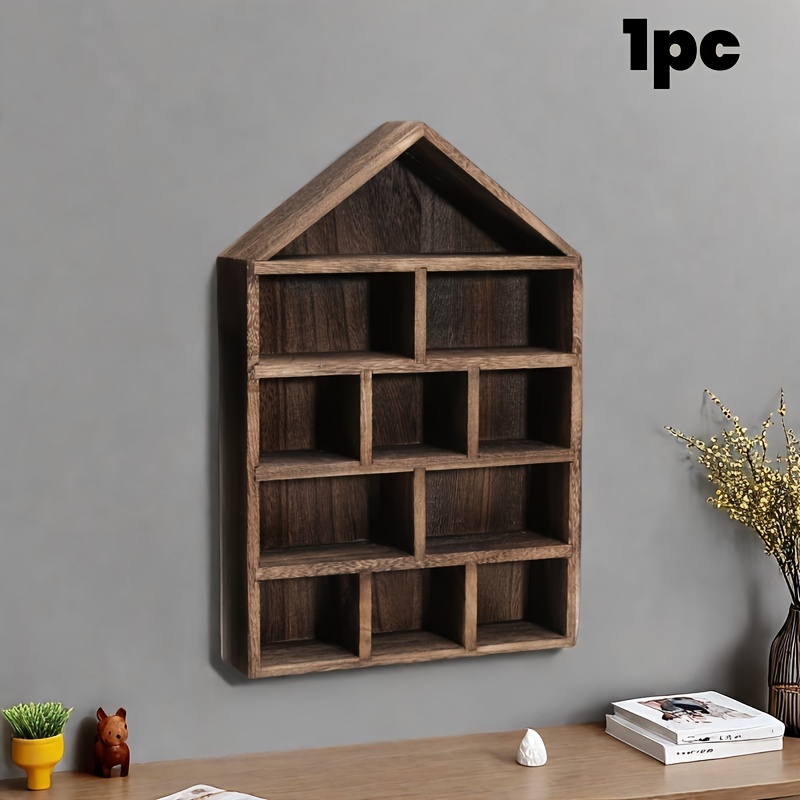 TEMU Vintage Wooden House-shaped Wall-mounted Display Shelf For Miniatures And Trinkets With Multi-compartment - Handcrafted Decorative Hanging