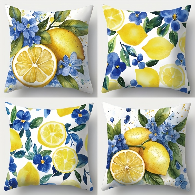 E-shop 4-teiliges Kissenbezug-Set „Zitronenbrise“ mit aquarellgemalten Zitronen, Zitronenscheiben, blauen Blumen & grünen Blättern. Größe 44,96×44,96