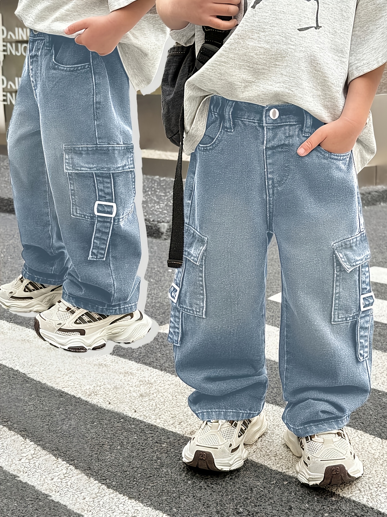 trendy casual cargo pocket stonewashed denim trousers for boys